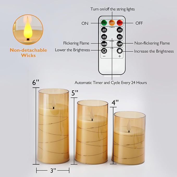 Amagic Flameless Candles 3 Set, Flickering Battery Operated Candles Embedded Fairy String Light, Realistic Pillar Candle with Remote Control and Timer, Acrylic Amber Gold, D3 x H4 5" 6"