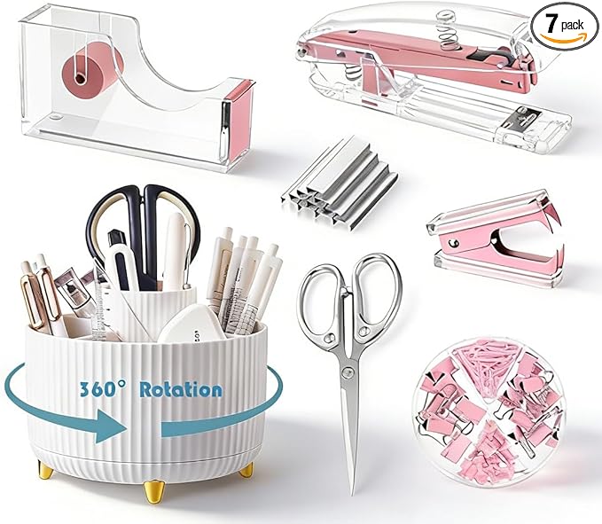 Pink Desk Organizers and Accessories Set with 360-Degree Rotating Pen Holder, Acrylic Stapler, Tape Holder, Staple Remover, Binder/Paper Clips Kit, Scissor and 1 Box of Staples