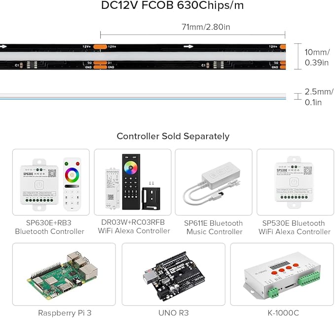 BTF-LIGHTING FCOB WS2811 IC RGB COB LED Strip 9.8FT DC12V 630LED/m Flexible High Density Uniform Chasing Color Light 14IC/m 10mm Width Black PCB for Home Indoor Decor(No Adapter or Controller)