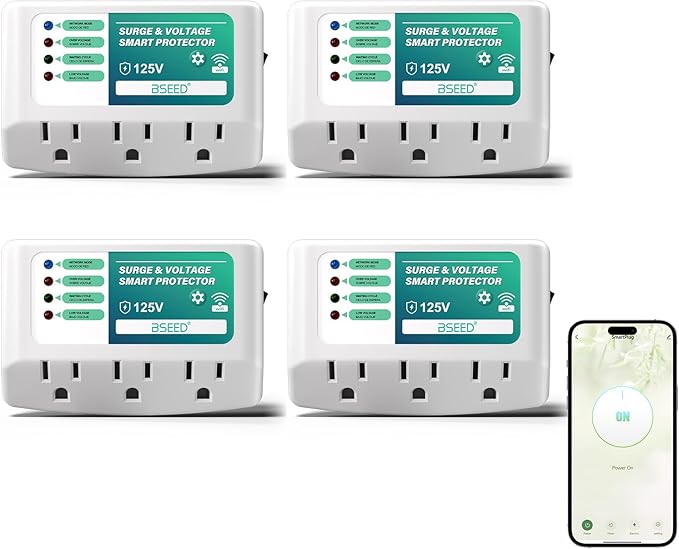 BSEED WiFi Smart Plug, 3 Outlet Surge Voltage Protector with Light Indicator, APP Control, Energy Monitoring, Wall Mount Power Suppressor for Refrigerator/TV/PC, 125V/1875W, FCC Listed,4 Pack