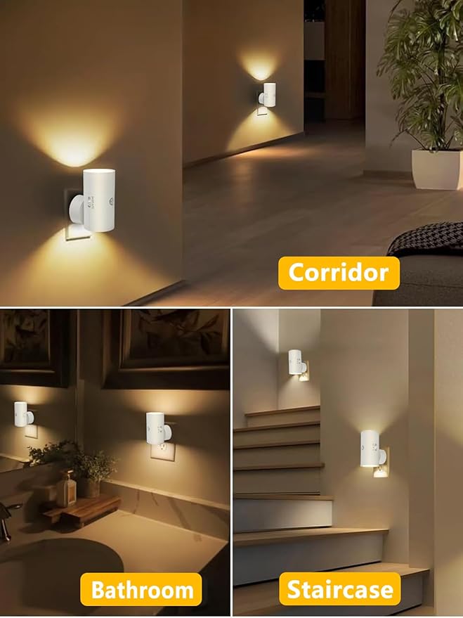LED Night Lights Plug into Wall with Motion Sensor & Dusk to Dawn Sensor,3000K Warm White, Modern Plug in Nightlight for Bathroom, Hallway, Stairs (White)