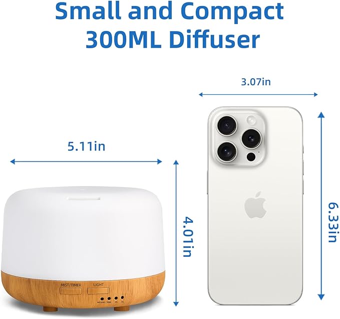 Aromatherapy Essential Oil Home Diffuser with Remote Control, 300ML Large Room Cool Mist Air Humidifier, 8 Hours Quiet Operation, Timer, 7 Colors LED Night Night，Suitable Home,Yoga.