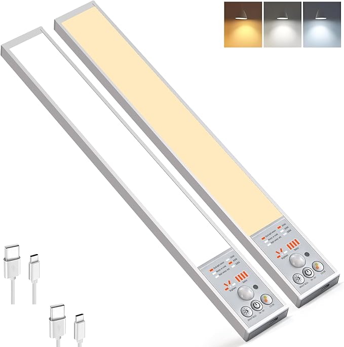 111 LEDs Dimmable Under Cabinet Lighting Wireless, 2800mAh Battery Operated, 3 Color Closet Lights Motion Sensor Light Indoor Rechargeable, 4 Mode Magnetic Under Counter Lights for Kitchen, 2 Pack