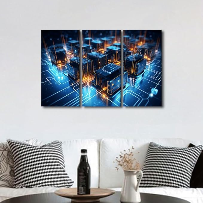 3 Panel Framed Wall Art Digital Network Picture Prints on Canvas Wall Decor for Living Room Bedroom Wall Decoration, Concepts Artwork Wooden Framed Ready to Hang, 36" Wx24 H