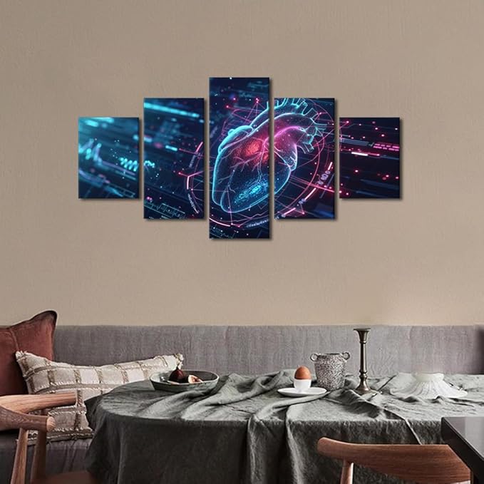 5 Panel Artificial Intelligence Heart Paintings Canvas Wall Art Framed Bedroom Art Wall Decor Human Heart Pictures for Living Room Wall Decoration Posters with Frame Ready to Hang 60" Wx32 H