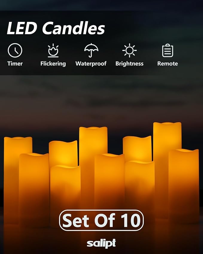 salipt Flameless Candles, LED Flickering Candles Set of 10 (H 4" 5" 6" 7" xD 2.2") Waterproof Candles, Resin Plastic, Indoor Outdoor Use,Ivory