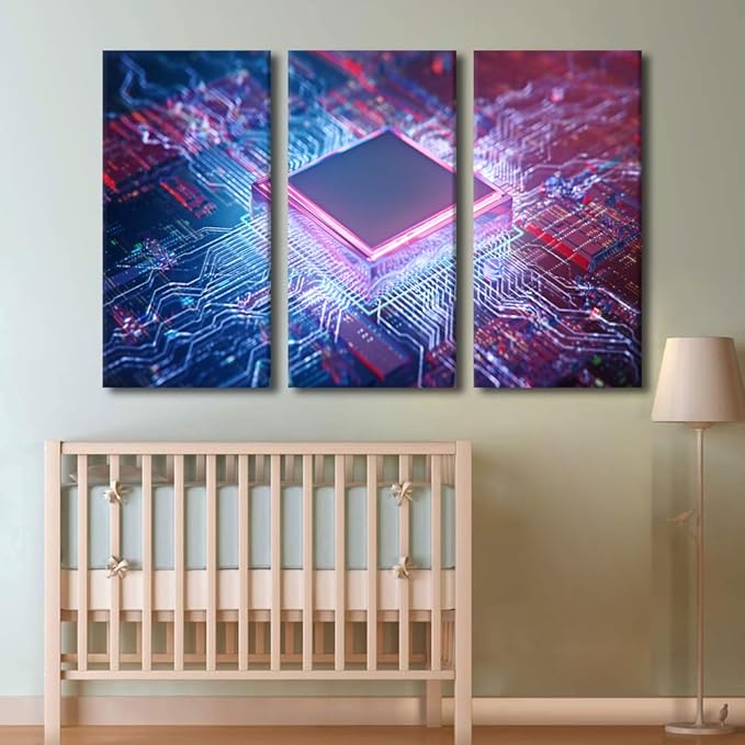 Canvas Wall Art 3 Panels Computer Processors CPU Modern Home Decor CPU Concept Canvas Paintings Contemporary Art for Bedroom Living Room Office Posters and Prints Framed Ready to Hang(40"Wx60"H)
