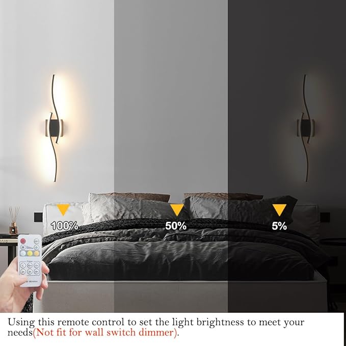 Modern Hardwired Wall Sconce Set of 2, LED Black Wall Light with Remote Control, RC Dimmable LED Wall Light Indoor, Wall Decor for Hallway Bedroom Living Room TV Wall, 27.5 in, Timer, Memory