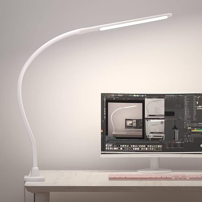 LED Desk Lamp With Clamp, 10W Gooseneck Lamps Touch Control,Swing Arm Clamp Lamp, Architect Clamp Desk Lamp Dimmable,Nail Lamp for Desk Table (White)