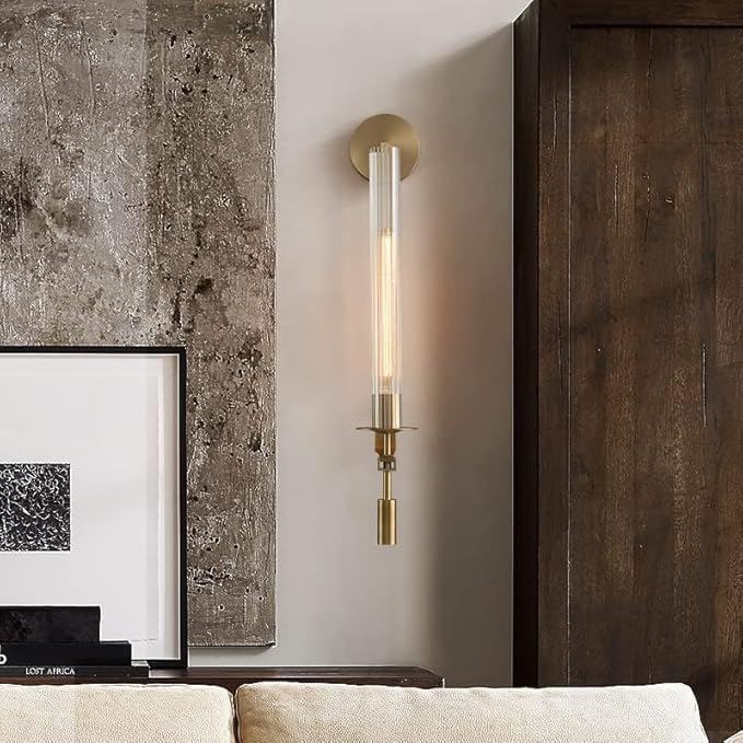 LIGHTLAND Gold Wall Sconces Set of 2, 28 Inch Modern Metal Glass Wall Light Fixture, Wall Lamp for Living Room Bedroom Hallway