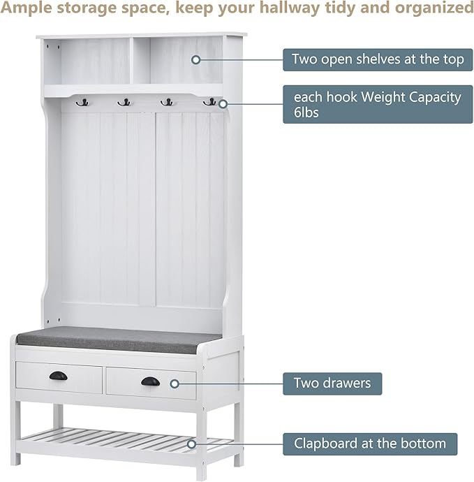 Hall Tree with Shoes Bench, Entryway Coat Rack with Storage Shelves and Drawers, 33.5''W Coat Hanger for Entrance, Hallway (White)