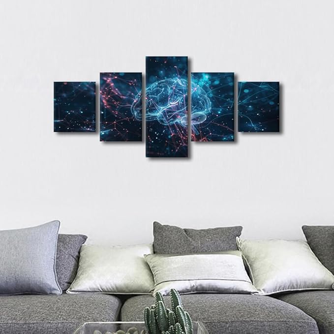 5 Panel Digital Brain Canvas Painting for Bedroom Futuristic Technology Artwork Paintings Framed Ready to Hang Neural Network Pictures for Bedroom Posters and Prints Room Decorations for Men 50"Wx24"H