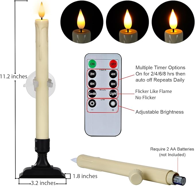 Homemory 6 Pcs Window Candles with Remote Timer Dimmer, Christmas Candles for Window Battery Operated, Ivory Flameless Taper Candle with Holders and Suctions, LED Candlesticks for Xmas Holiday Decor