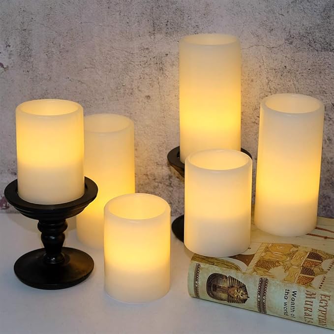 Eldnacele Flameless Flickering Candles Battery Operated Real Wax White Color with 8 Hours Timer for Christmas Home Decoration and Parties Set of 6(3"x 4", 3"x 6")