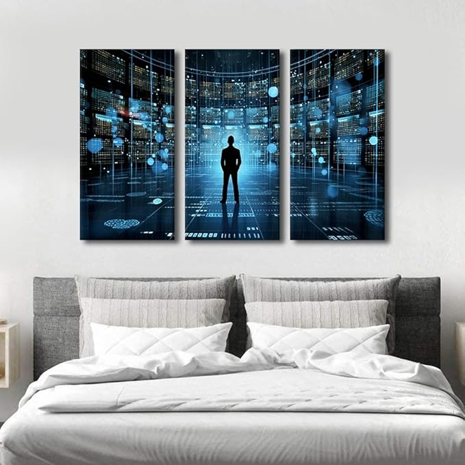 3 Panels Canvas Wall Decor Modern Art Cyber Security and Data Protection Concept Picture Poster for Bedroom Living Room Wall Decorations, Framed Wall Artwork Ready to Hang, 42" Wx28 H