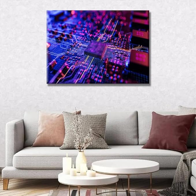 Digital Chip Pictures for Bedroom Wall Decor CPU Concept Prints Wall Art Circuit Board CPU Processor Wall Decor Home Decor Wall Art Canvas Framed Wall Hanging Decor Ready to Hang 20x28 INCH