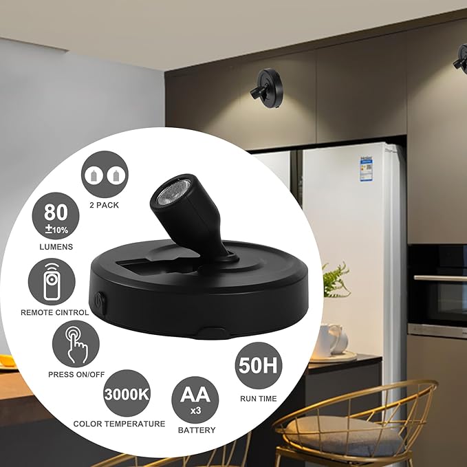 Wireless Spotlight Battery Operated, 2-Pack Tap Closet Light LED Puck Lights with Remote, Stick on Artwork Lighting with Rotatable Head for Wall Entrance Hallway Basement Artwork Decorative