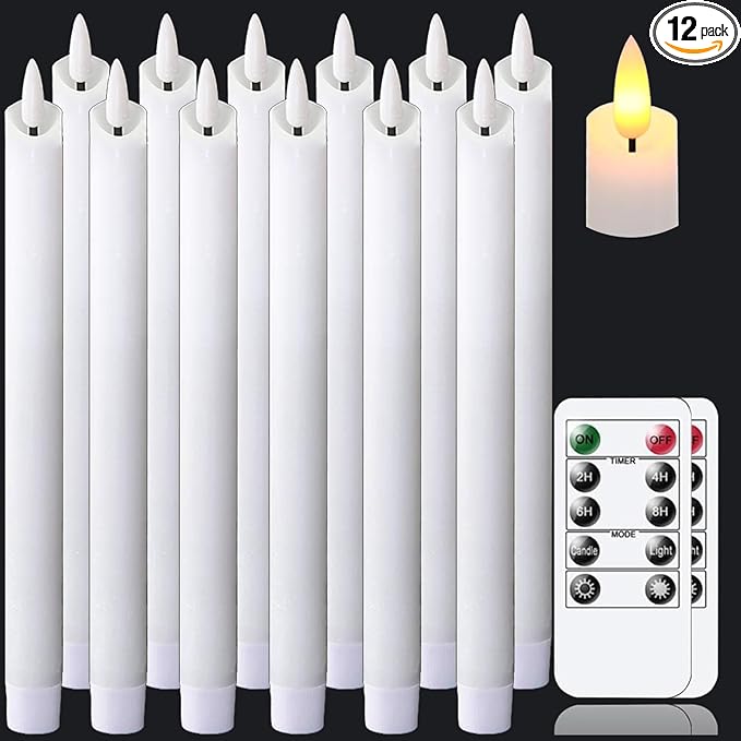 salipt Flameless White Taper Candles Flickering with Timer and 10-Key Remote, Battery Operated LDE Warm 3D Wick Light Window Candles Real Wax Pack of 12, Christmas Home Wedding Decor(0.78" X 9.64")