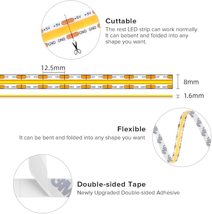 BTF-LIGHTING FCOB COB FOB LED Strip Lights 5V USB Powered 9.8FT 960LEDs Purple Color 8mm Width Dimmable CRI 90+ with 3M Tape Flexible High Density for 3D Printer TV Backlight PC DIY Decor