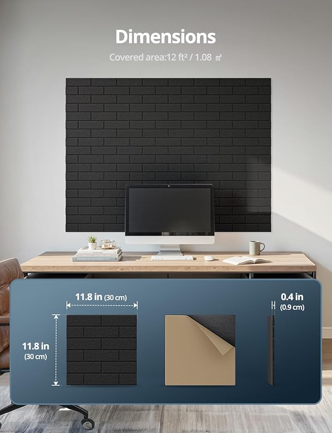 Kuchoow Acoustic Wall Panels, Brick Pattern Peel and Stick Sound Absorbing Tiles for Walls, Ceiling, Door, Pared, 12 Pack 12"x12"x0.4", Black Self Adhesive Decorative for Recording Studio, Room