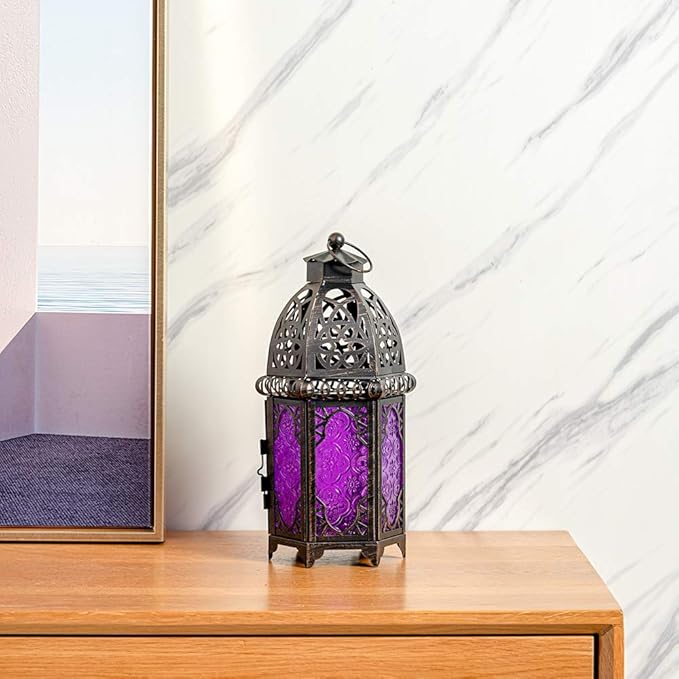DECORKEY Halloween Decorations Indoor, Purple Decorative Candle Lantern for Moroccan Light Decor, 12.8’’ Vintage Metal Hanging&Tabletop Lantern, Ramadan Lantern for Home Outdoor Patio(Purple)