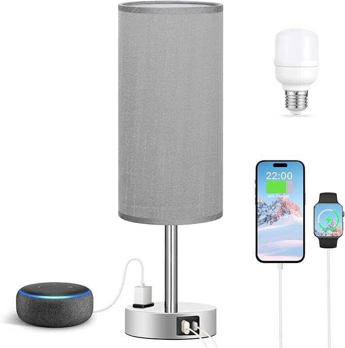Fenmzee Grey Nightstand Table Lamp for Bedroom - 3 Way Dimmable Bedside Lamp USB C A Charging Ports and AC Outlet, Small Table Lamp Silver Base for Living Room, Office Desk, LED Bulb Included