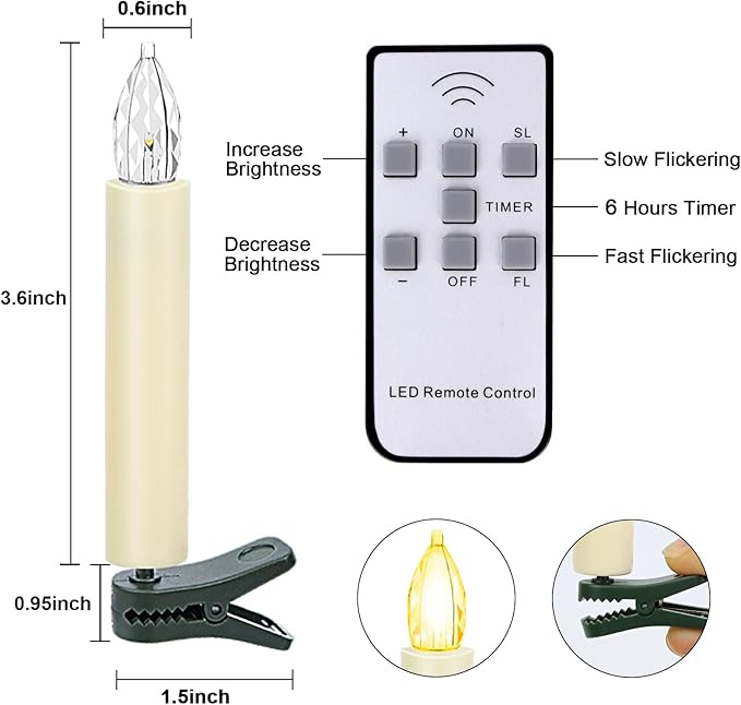 LED Christmas Candles, Flickering Clip on Candles for Christmas Tree, Battery Operated with Remote Timer, Warm White Light, Flameless Taper Candle for Home Christmas Decor, Set of 20