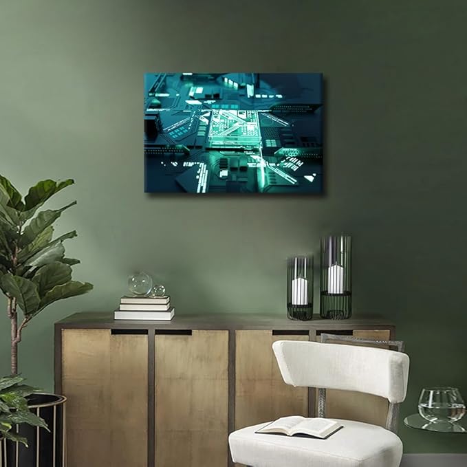 AI Canvas Wall Art Decor CPU Concept Pictures for Living Room Bedroom Decoration Computer Chip Painting Wall Art for Office Modern Artwork Poster Prints Framed Ready to Hang - 18x12in