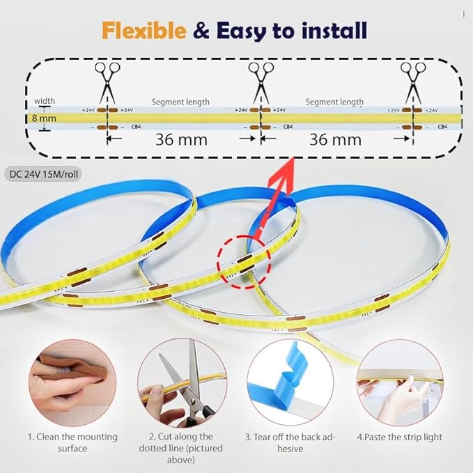 50ft Daylight White 6500K, COB LED Strip Light Kit, Linear Lighting Brightness Dimmble Strip Light ETL Listed with Remote for Bedroom Wall Cabinet Mirror Stair (AC/DC Adapter Included)