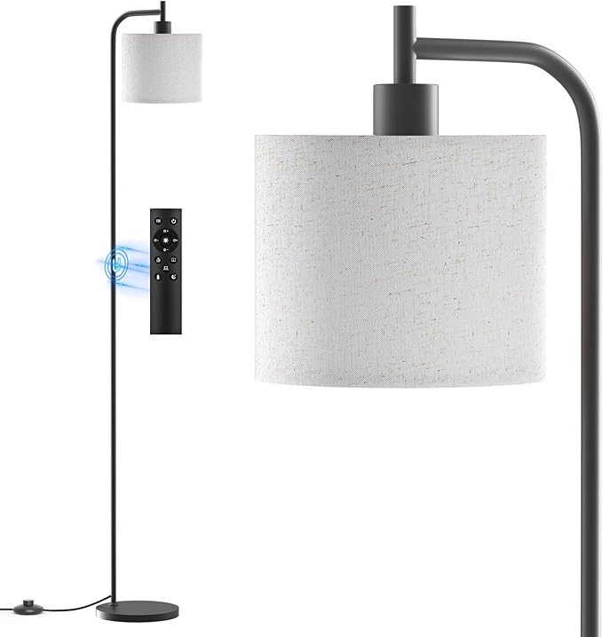 Floor Lamp with Linen Shade, Dimmable Tall Standing Lamp with Remote Control & 3 Color Temperatures, Modern Corner Floor Lamps for Living Room Bedroom Office, 9W LED Bulb Included