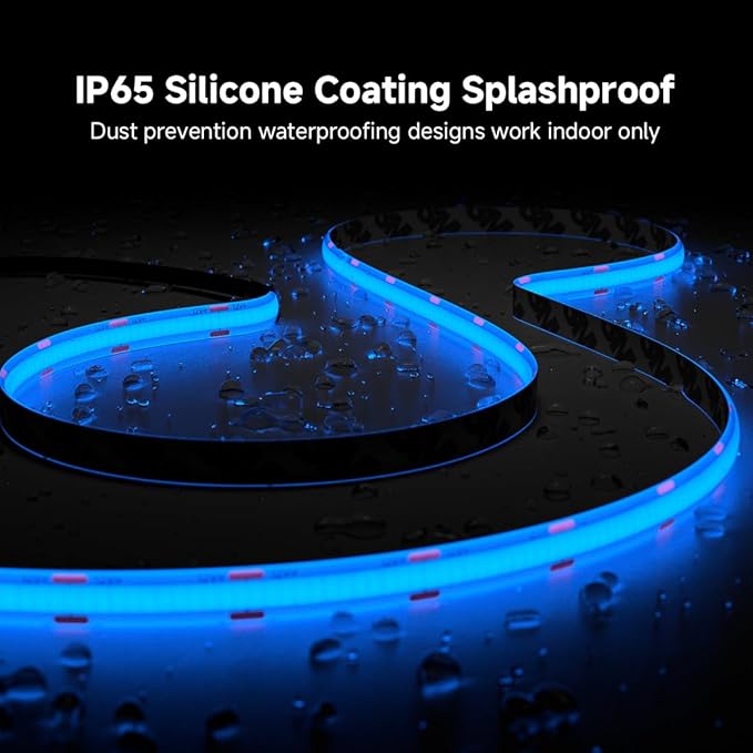 BTF-LIGHTING FCOB IP65 Waterproof Blue Color COB LED Strip 16.4FT DC12V 480LED/m 8mm Width Flexible High Density CRI 90+ Dimmable LED Light for Home Indoor Decor(No Controller or Adapter)
