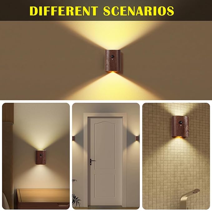 LANDGOO 1-Pack Wood Step Light with Motion Sensor, Rechargeable Stair Night Light, Sapele Wood 2700K Warm White LED Wall Lamp, Easy No-Wire Installation for Hallway Bedroom