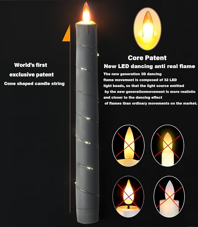 Flameless Candle, (Conical) Patented Starlight String, LED Candle, 11-Key Timing Remote Control, Battery Powered, Dance Flicker Flame, 6 Packs, Christmas Wedding Home Decor(Dark Gray)