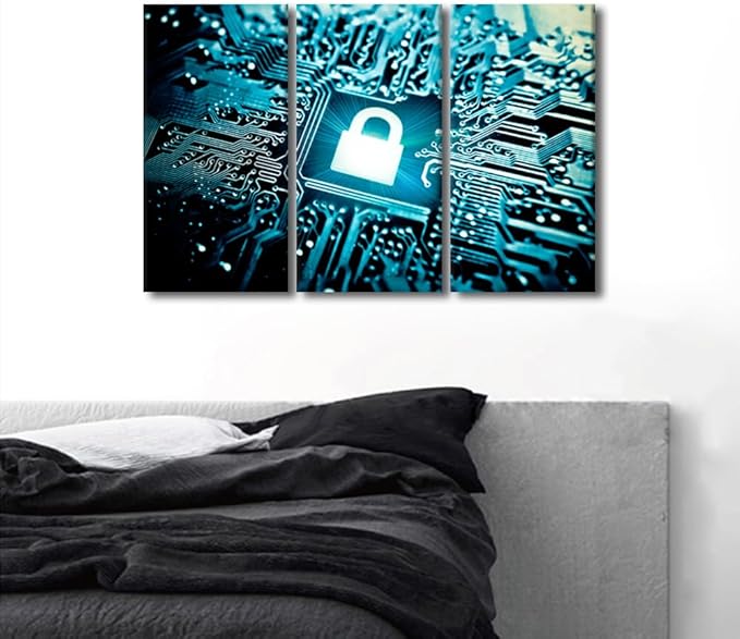 TUMOVO Security Lock Symbol Wall Pictures for Living Room Wall Decoration AI Intelligence Wall Art Large Wall Decor AI Canvas Wall Art 3 Pieces Artwork Wall Decor Framed Ready to Hang, 36" Wx24 H