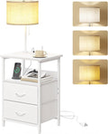 Fixwal Bedside Table with 3 Color Temperature Reading Light, Nightstand with LED Light & Charging Station End Table with Adjustable Fabric Drawer for Bedroom, Dorm, White