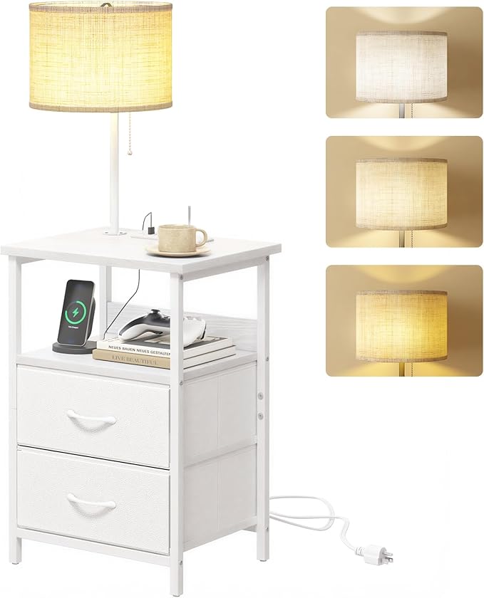 Fixwal Bedside Table with 3 Color Temperature Reading Light, Nightstand with LED Light & Charging Station End Table with Adjustable Fabric Drawer for Bedroom, Dorm, White