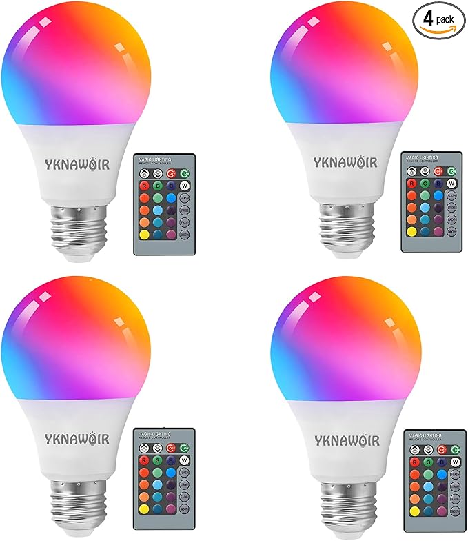 RGB Color Changing Light Bulb with Remote Control, RGBW LED Light Bulb A19 E27/E26 6500K White 9W 16 Color Choices Multicolor Dimmable Flood Light Bulbs for Party Bedroom Home - 4 Pack