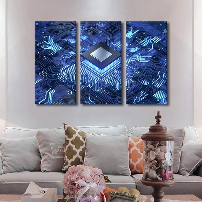 3 Panel Abstract Design Wall Art Decor Painting on Canvas Smart Chip Pictures for Home Walls Digital Age Office Wall Art Framed Circuit Board Artwork for Living Room Bedroom Ready to Hang(28" Wx42 H)
