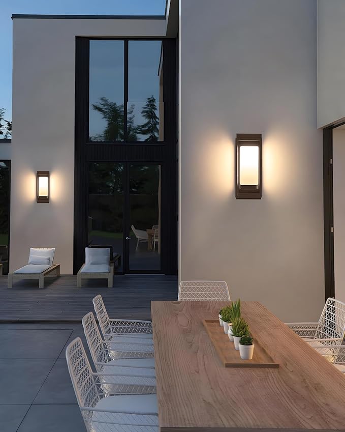RAYVO Modern Outdoor Wall Light with Dusk to Dawn Sensor, Waterproof Exterior Lighting Fixtures with E26 Base, 3000K LED Bulb Included, Outdoor Sconce Lights for Porch Garage Entryway, Bronze, 2 Pack