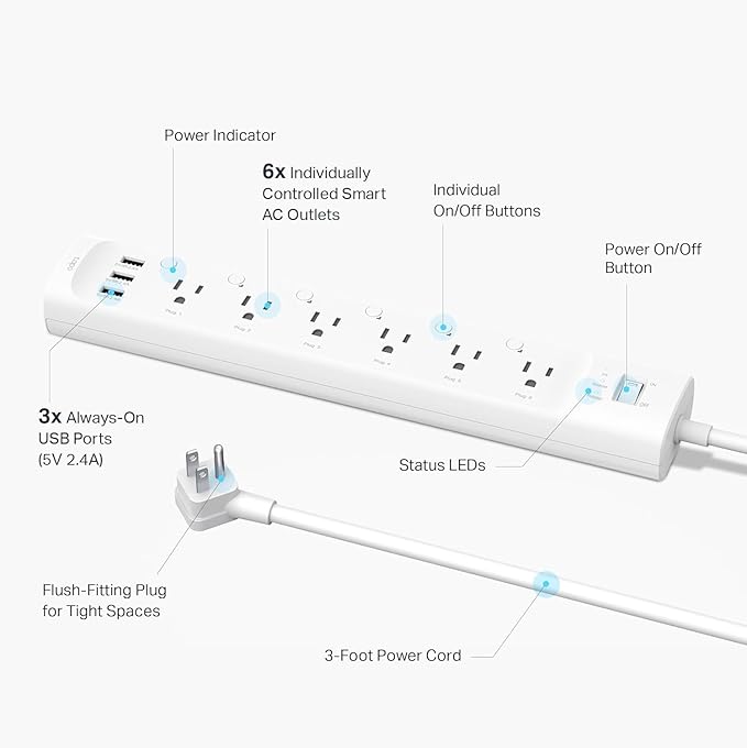Tapo Smart Wi-Fi Power Strip - Matter Compatible, Energy Monitoring, Surge Protection, 6 Individually Controlled Outlets & 3 USB Ports, Works with Alexa, Google Assistant, Siri & Bixby - Tapo P316M