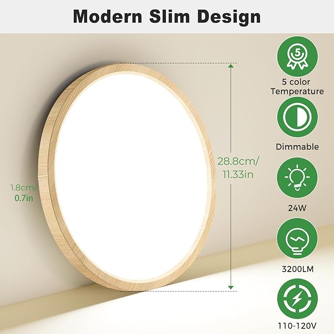 zemty 2Pack 12 inch Faux Wood LED Flush Mount Ceiling Lights, Dimmable 5 Color Temp (3000K-6500K), 24W 2400LM Bright Round Light Fixture for Livingroom Bedroom Diningroom Kitchen
