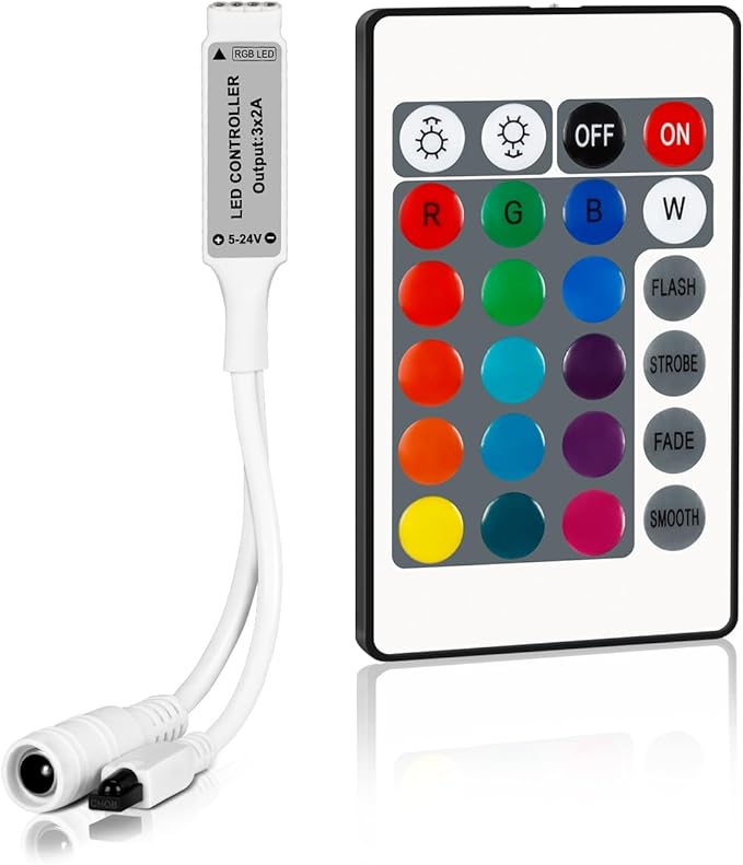 RGB Remote Controller, 24 Key IR Wireless Remote Control for 5050 3528 2835 RGB LED Strip Lights, DC 5V/12V/24V 4-Pin Dimmable Controller with 20 Colors 5 Modes for Home, Gaming, Party, Decor