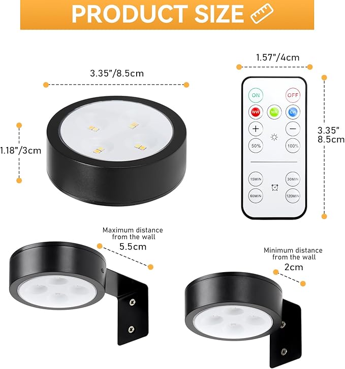 4-Pack Picture Light Battery Operated with Remote, Led Lights Dimmable and Timer Painting Light, Art Display Light for Picture Frame Artworking Portrait, Home Wall Decor Puck Lights, Black
