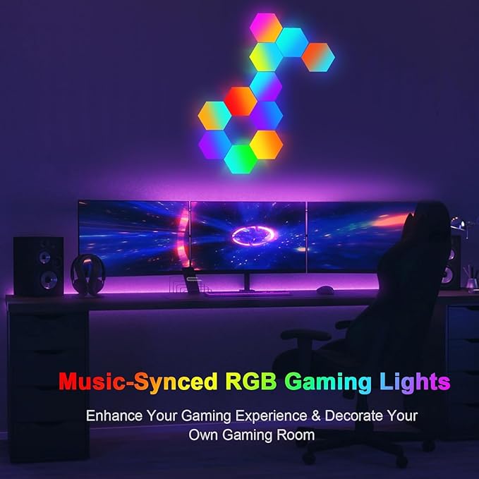 Neoglint 12 Pack Hexagon Lights - Smart App & Remote Control RGB LED Wall Panels, Music Sync Honeycomb Modular Lights with Timer, DIY Gaming Room Decor & Night Light, Cool Gifts for Men & Kids