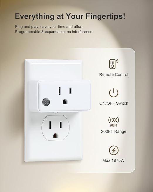 Remote Control Outlet, 200FT Long Range Wireless Light Switch, Mini Remote Outlet Plug, 15A/1875W High-Power for Lamps, Lights, Household Appliances, FCC & ETL Listed (5 Outlets + 2 Remotes)