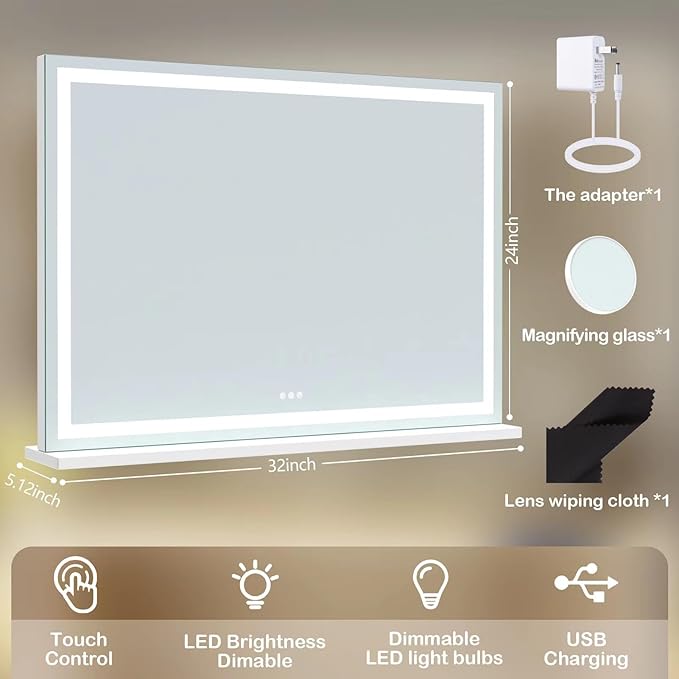 Makeup Vanity Mirror with Lights 32" x 24" Large LED Makeup Mirror, Light up Mirror with 10X Magnification and USB Charging Port, with Dimmable 3 Modes, Touch Screen Control Round White