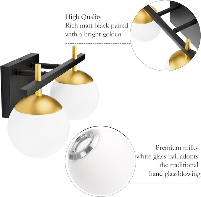 Ralbay 2-Light Black and Gold Bathroom Vanity Light Mid Century Modern Milky Glass Ball Wall Light for Bathroom 2 Light Black/Golden