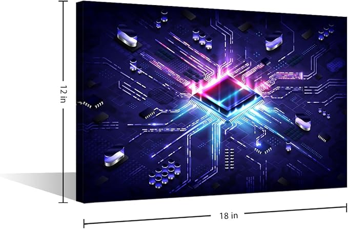 TUMOVO Wall Art for Living Room Glowing CPU Canvas Wall Art Futuristic CPU Contemporary Wall Art AI Posters and Prints Cyberpunk Tech Modern Artwork Ready to Hang for Bedroom Office, 18x12in