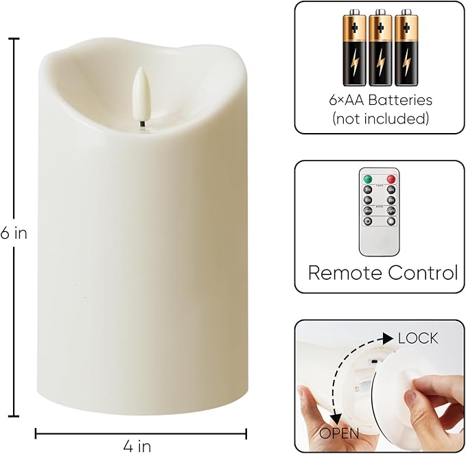 Homemory 4"x6" Outdoor Waterproof Flameless Candles with Timers and Remote Control, Battery Operated Candles, LED Plastic Candles, Ivory White, Set of 4
