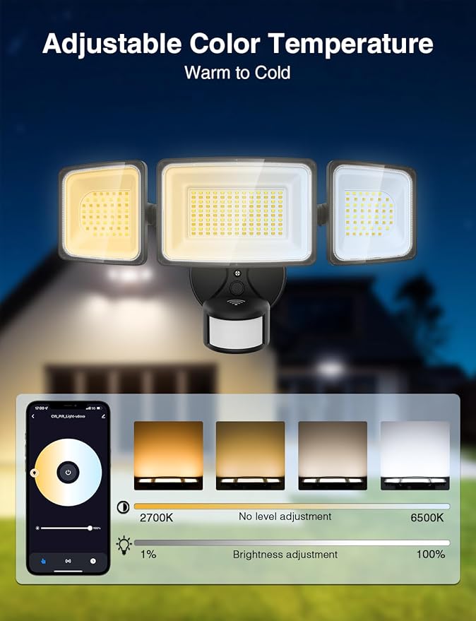 Onforu 100W 9000LM Smart LED Security Lights Motion Sensor Outdoor, WiFi Alexa Flood Light APP Control, 2500K-6500K, Motion Detector with Adjustable 3 Head, IP65 Wall Light for Yard (Black)